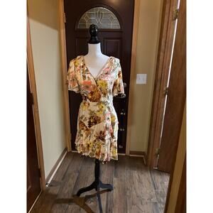 Band of the Free wrap mixed floral print dress white/brown PTP 16/waist 14